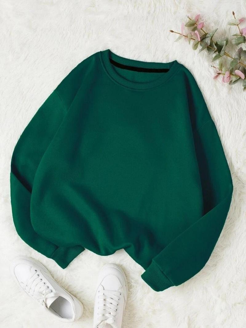 Kadın Basic 0 Sıfır Yaka Baskısız Düz Oversize Salaş Bol Kesim Polar Sweatshirt Koyu Yeşil L