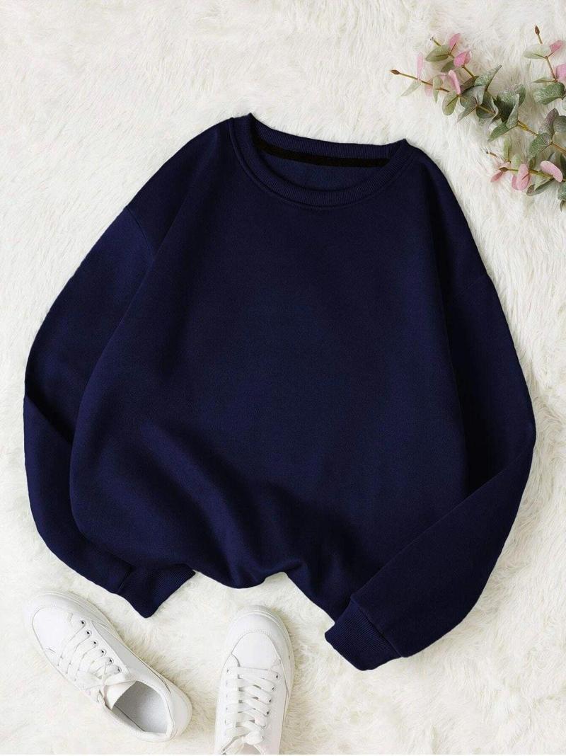 Kadın Basic 0 Sıfır Yaka Baskısız Düz Oversize Salaş Bol Kesim Polar Sweatshirt Lacivert L