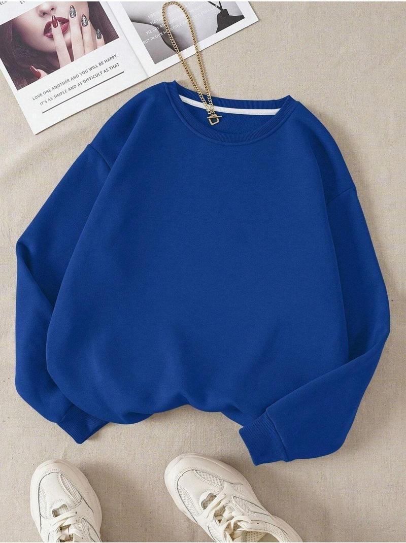 Kadın Basic 0 Sıfır Yaka Baskısız Düz Oversize Salaş Bol Kesim Polar Sweatshirt Mavi 2XL