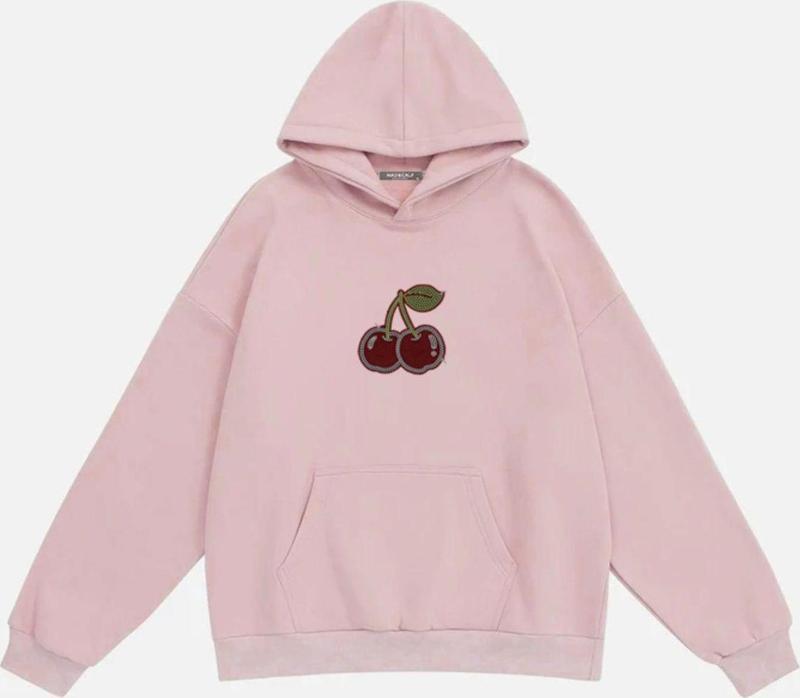 Kadın Cherry Taş Baskılı Kapüşonlu Polarlı Oversize Sweatshirt Pembe 2XL