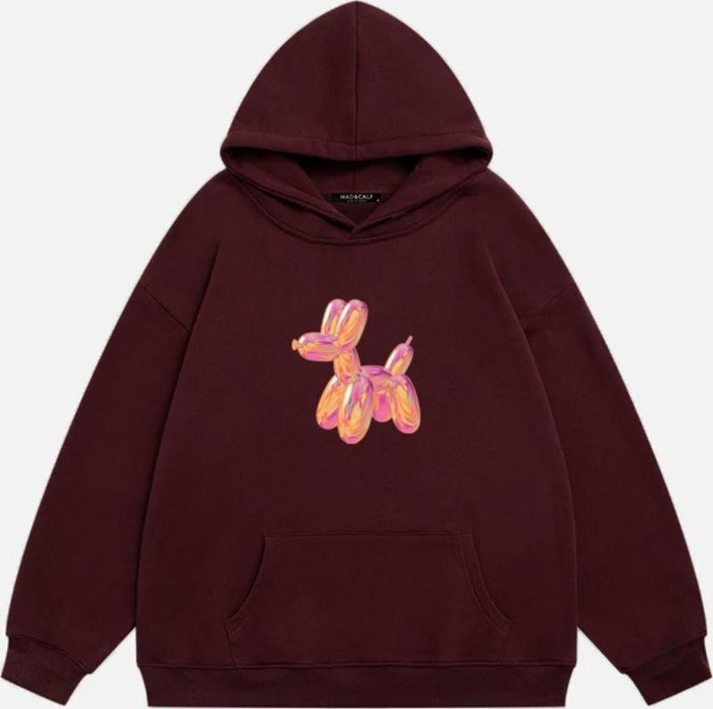 Kadın Baloon Dog Baskılı Kapüşonlu Polarlı Oversize Sweatshirt Bordo M