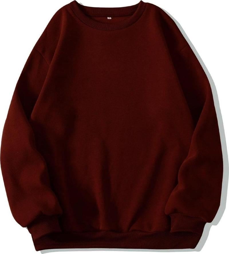 Kadın Basic 0 Sıfır Yaka Baskısız Düz Oversize Salaş Bol Kesim Polar Sweatshirt Bordo 2XL