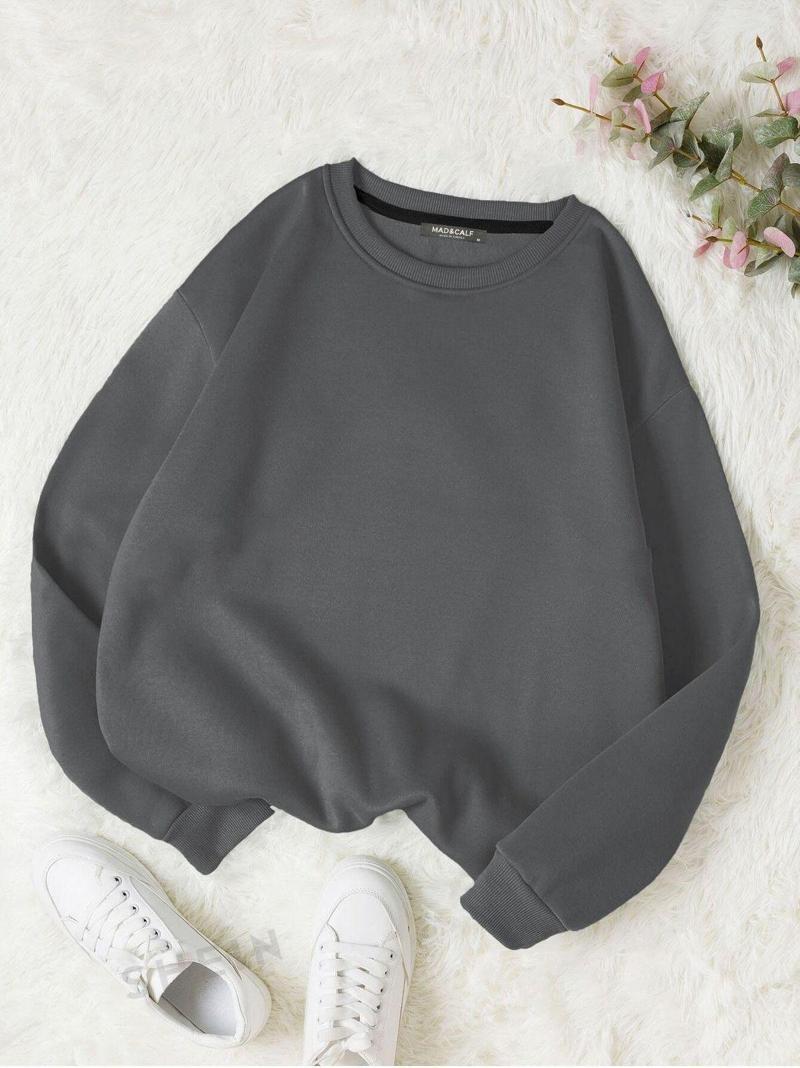 Kadın Basic 0 Sıfır Yaka Baskısız Düz Oversize Salaş Bol Kesim Polar Sweatshirt Füme 2XL