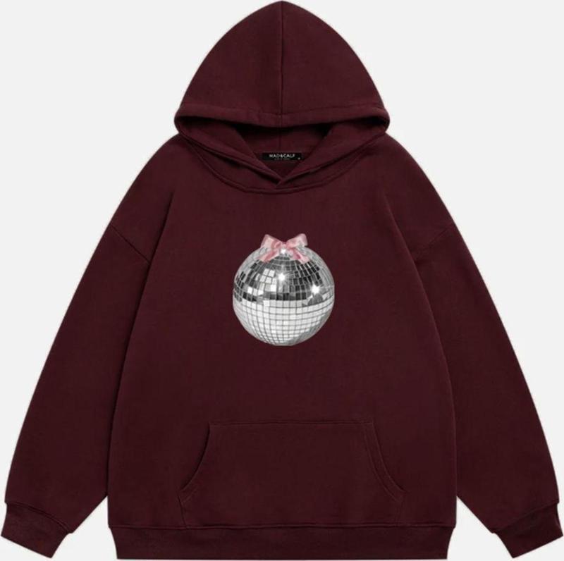 Kadın Mirror Ball Baskılı Kapüşonlu Polarlı Oversize Sweatshirt Bordo M