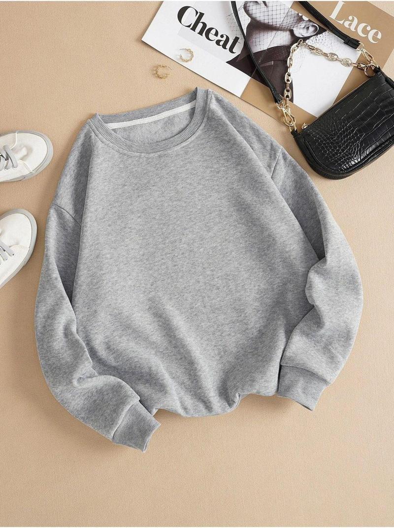 Kadın Basic 0 Sıfır Yaka Baskısız Düz Oversize Salaş Bol Kesim Polar Sweatshirt Gri L