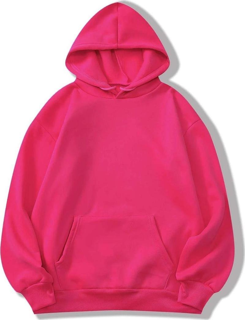 Unisex Basic Kapüşonlu Cepli Sweatshirt Fuşya L