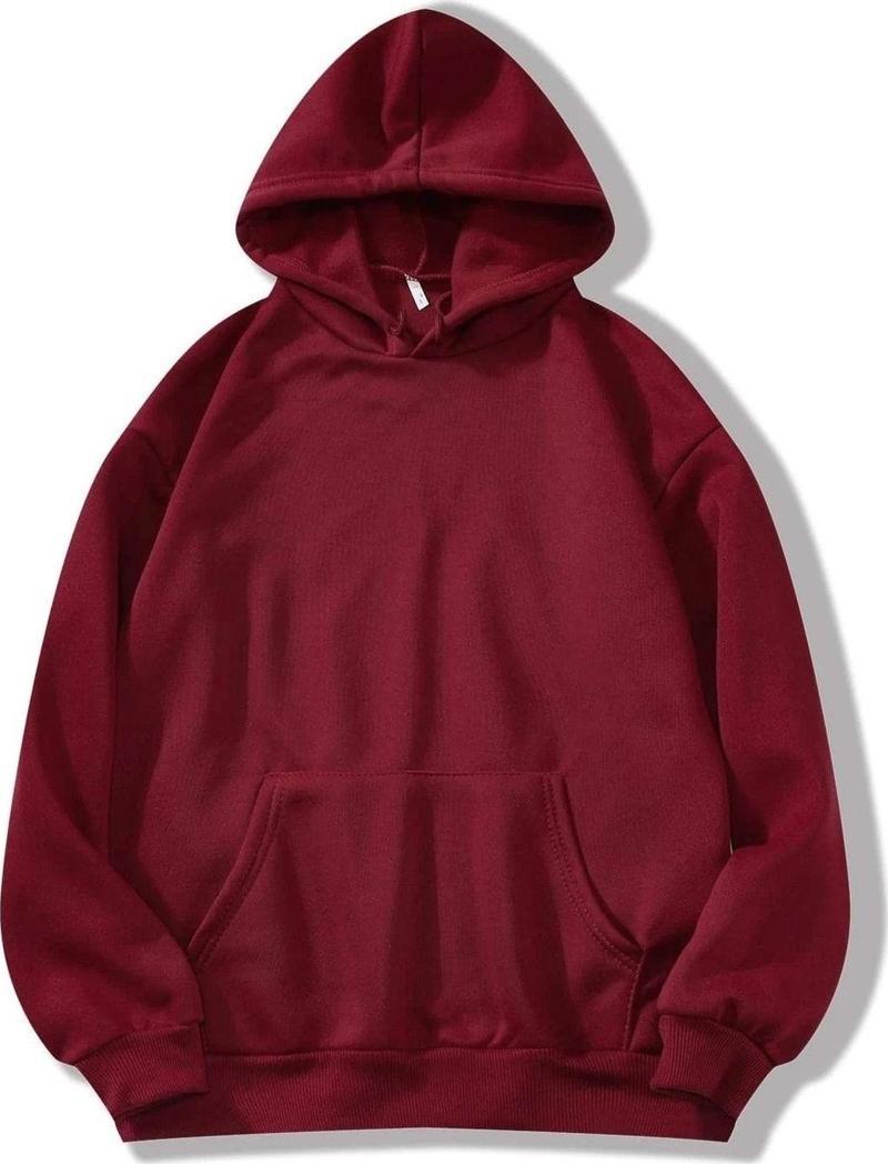 Unisex Basic Kapüşonlu Cepli Sweatshirt Bordo 2XL