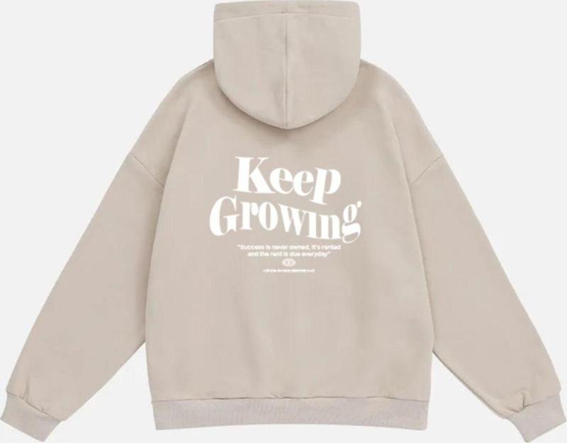 Unisex Keep Growing Baskılı Kapüşonlu Polarlı Oversize Sweatshirt Bej 2XL