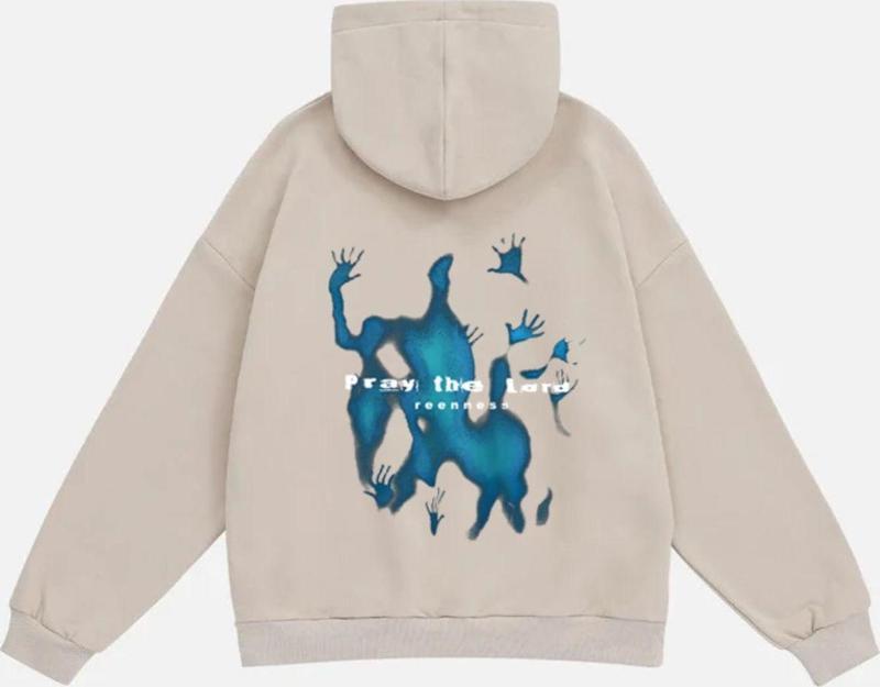 Unisex Pray The Lord Baskılı Kapüşonlu Polarlı Oversize Sweatshirt Bej 2XL