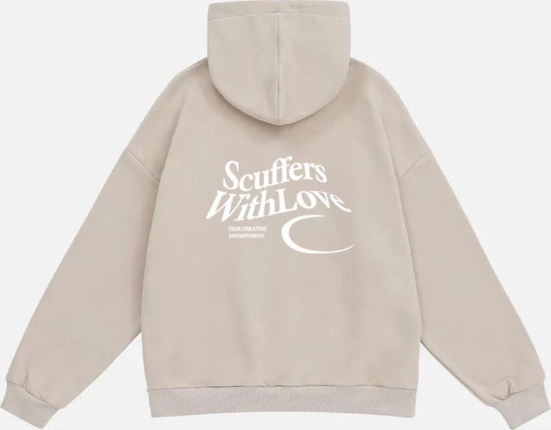 Unisex Scuffers With Love Baskılı Kapüşonlu Polarlı Oversize Sweatshirt Bej 2XL