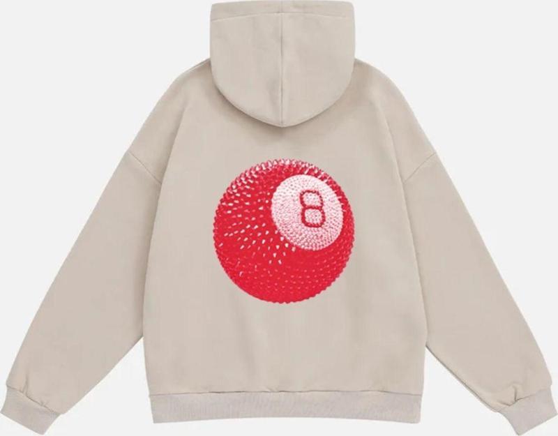 Unisex Red 8 Ball Baskılı Kapüşonlu Polarlı Oversize Sweatshirt Bej 2XL