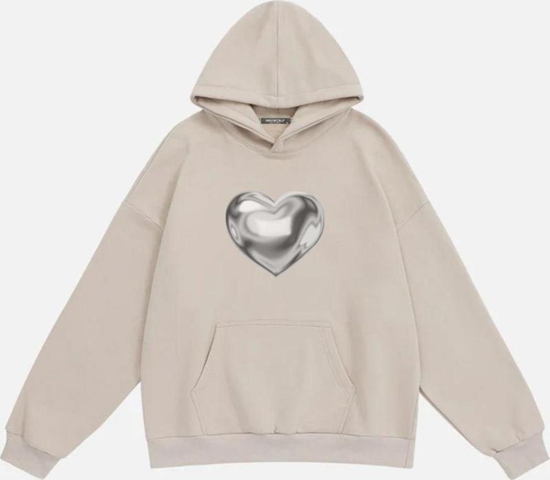 Unisex Silver Chrome Heart Baskılı Kapüşonlu Polarlı Oversize Sweatshirt Bej 2XL