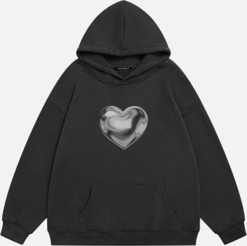 Unisex Silver Chrome Heart Baskılı Kapüşonlu Polarlı Oversize Sweatshirt Füme XL