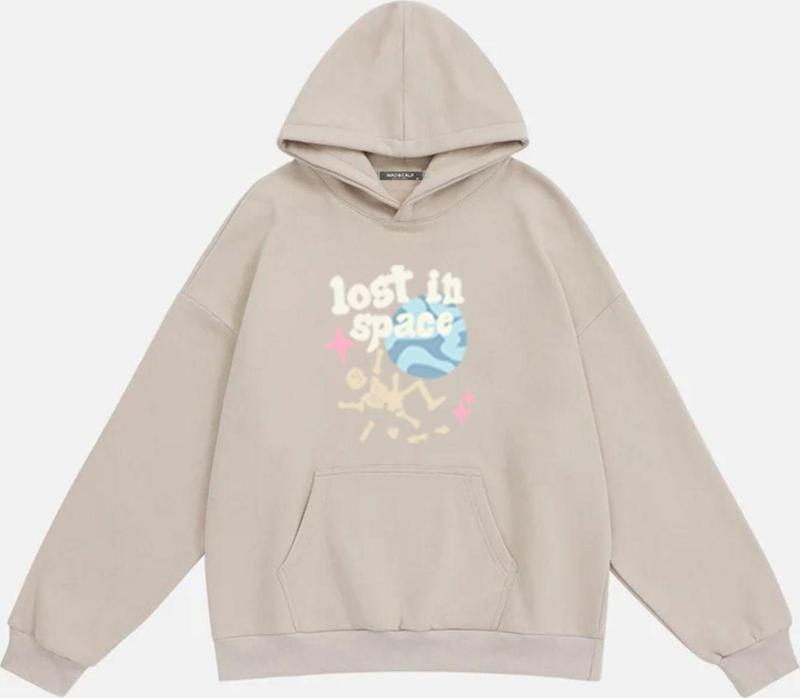 Unisex Lost In Space Baskılı Kapüşonlu Polarlı Oversize Sweatshirt Bej 2XL