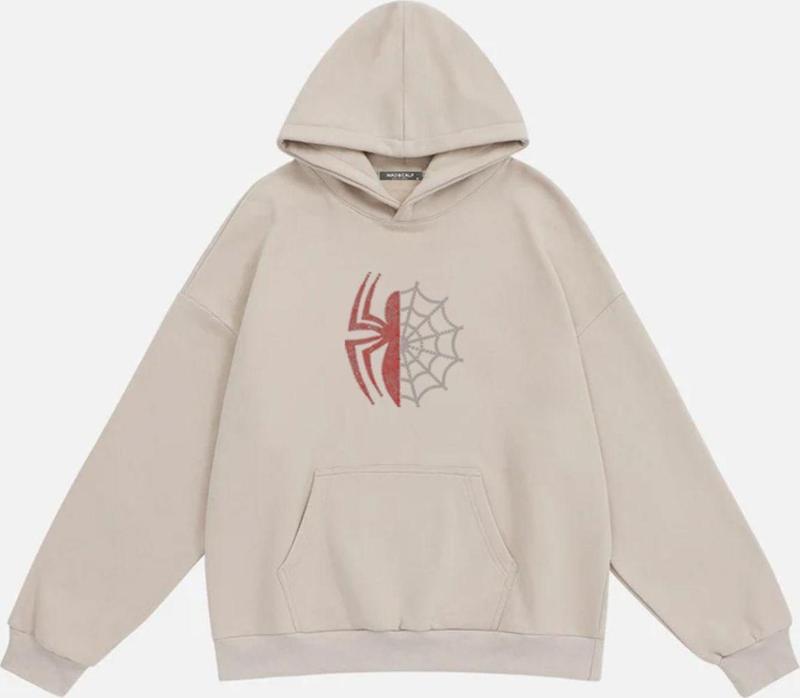 Unisex Spider Taş Baskılı Kapüşonlu Polarlı Oversize Sweatshirt Bej 2XL