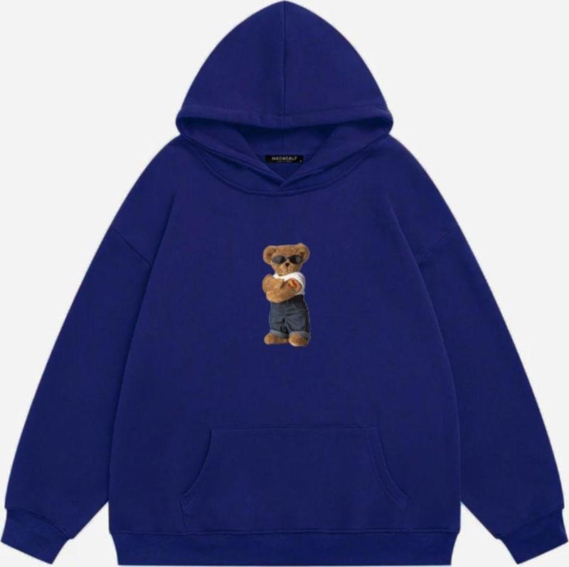 Unisex Teddy Bear Baskılı Kapüşonlu Polarlı Oversize Sweatshirt Saks L