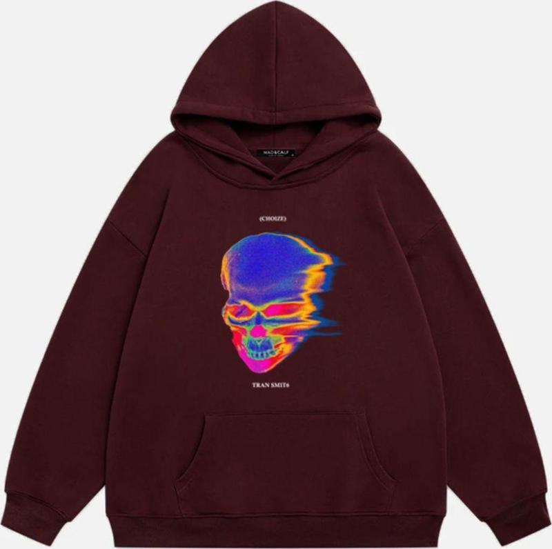 Unisex Tran Smit6  Baskılı Kapüşonlu Polarlı Oversize Sweatshirt Bordo 2XL