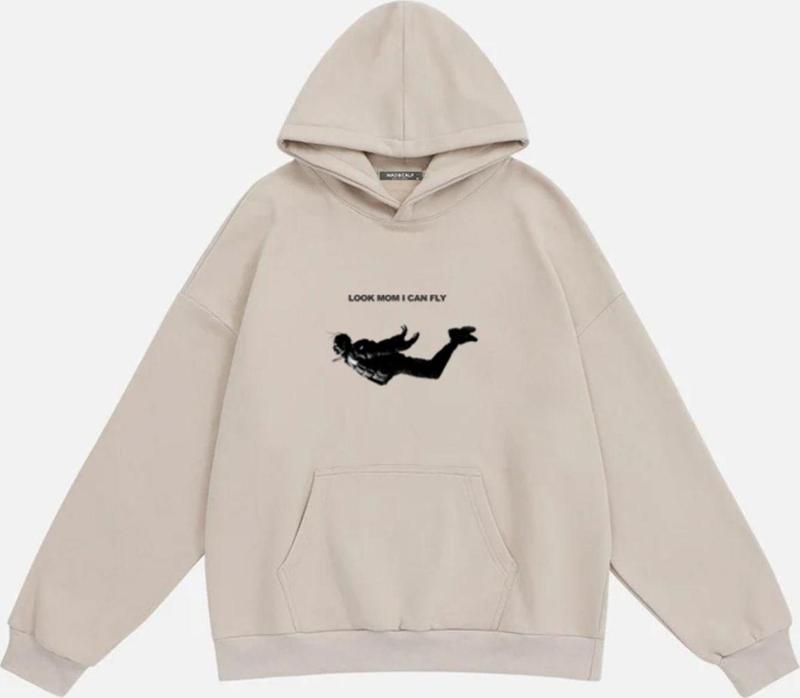 Unisex Travis Scott  Baskılı Kapüşonlu Polarlı Oversize Sweatshirt Bej 2XL