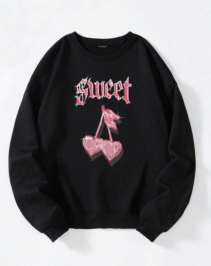 Unisex Sweet Cherry Baskılı Oversize Polarlı Sweatshirt Siyah XL