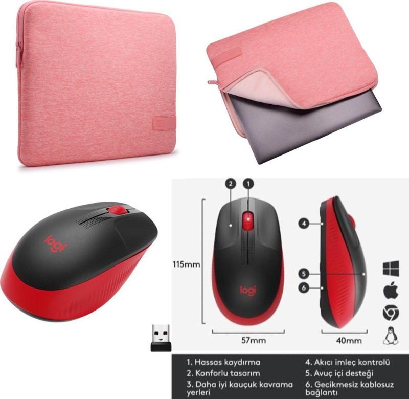 Case Logic Reflect Pembe 35,6 Cm 14 inç+Logitech m191 Siyah Kırmızı Mouse Set