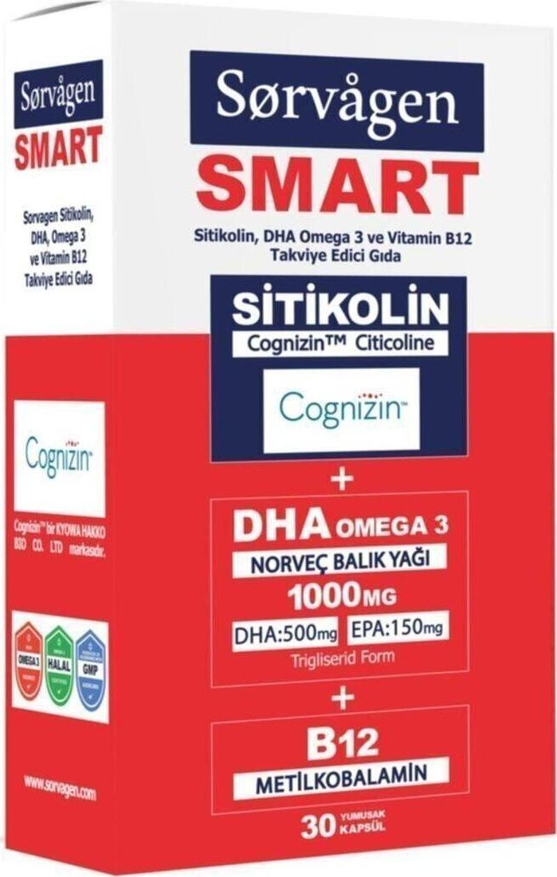 Sorvagren Smart Sitikolin, Dha Omegra 3 Norveç Balık Yağı Ve B12 (30 Kapsül)