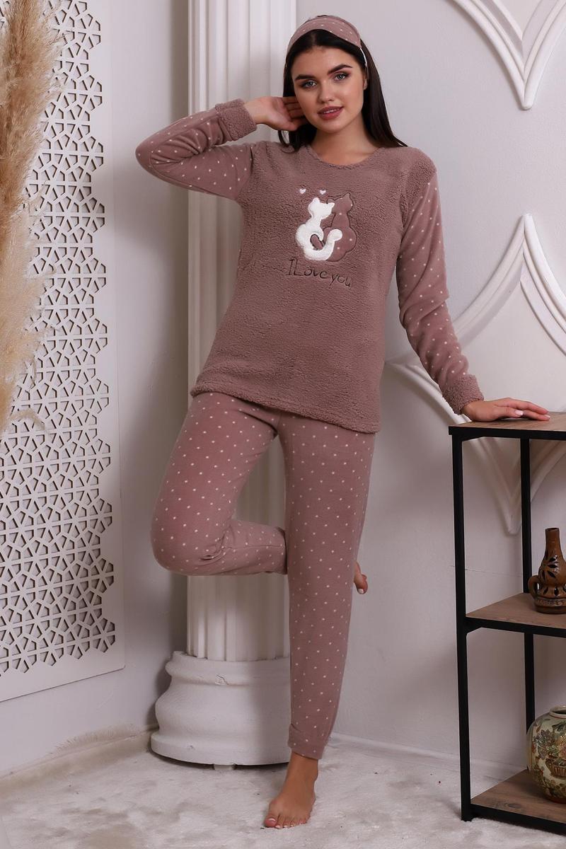 Fawn 3011 Peluş Welsoft Polar Kışlık Kadın Ev Kedi İşlemli Pijama Takımı