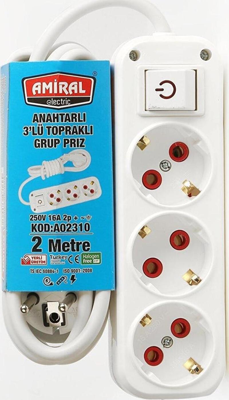 3 lü Topraklı Anahtarlı 2 Metre Kablolu Grup Priz