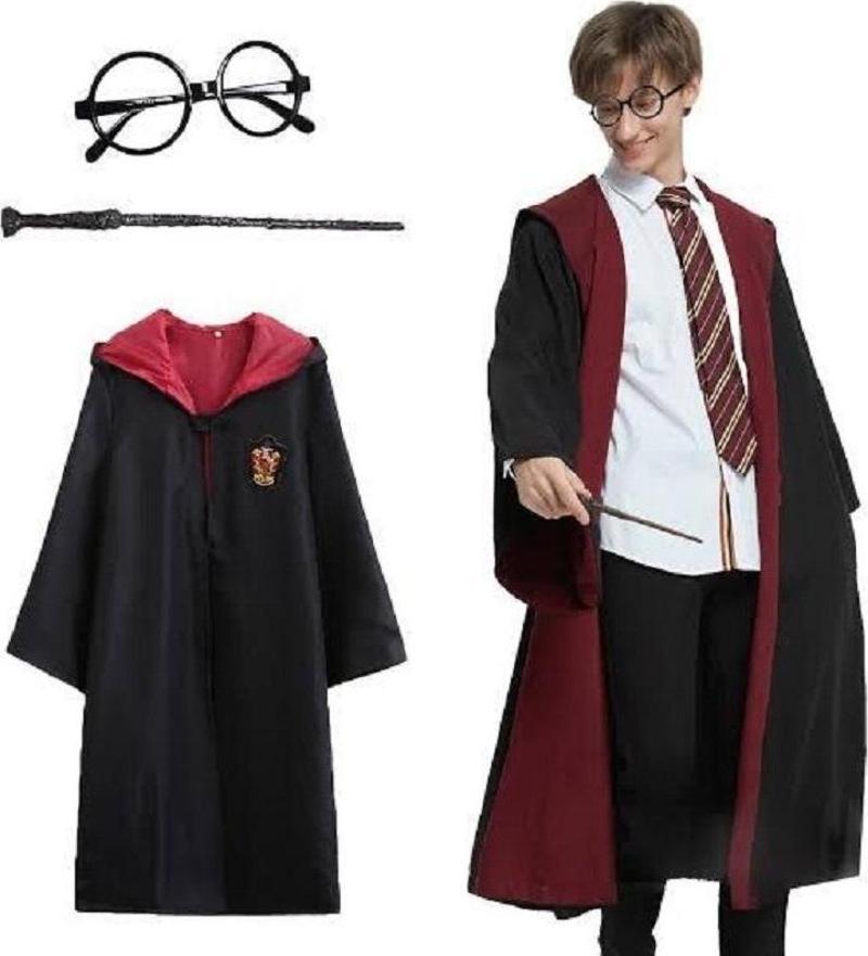 Harry Potter Gryffindor Kapişonlu Çocuk Kostüm + Asa + Gözlük Seti 9-10 Yaş