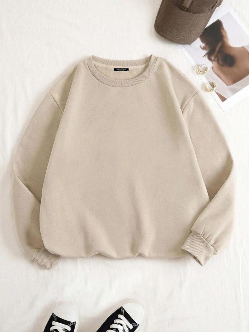 Kadın Basic 0 Sıfır Yaka Baskısız Düz Oversize Salaş Bol Kesim Polar Sweatshirt Açık Bej 2XL