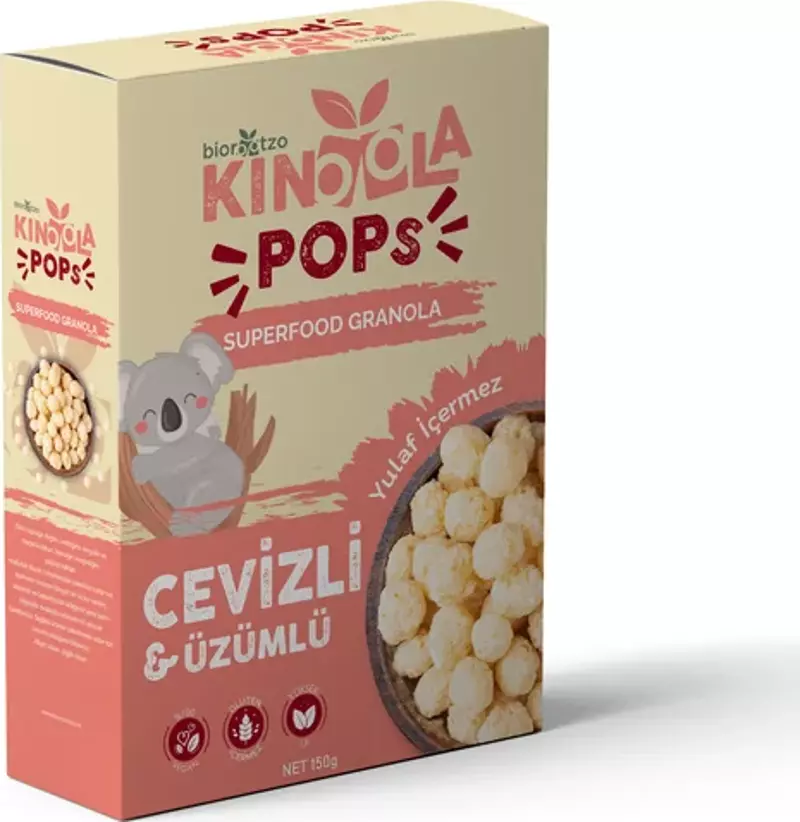 Kinoola Pop Kahvaltılık Gevrek - Cevizli & Üzümlü - Yulaf İçermeyen - Glütensiz Vegan Granola 150 g