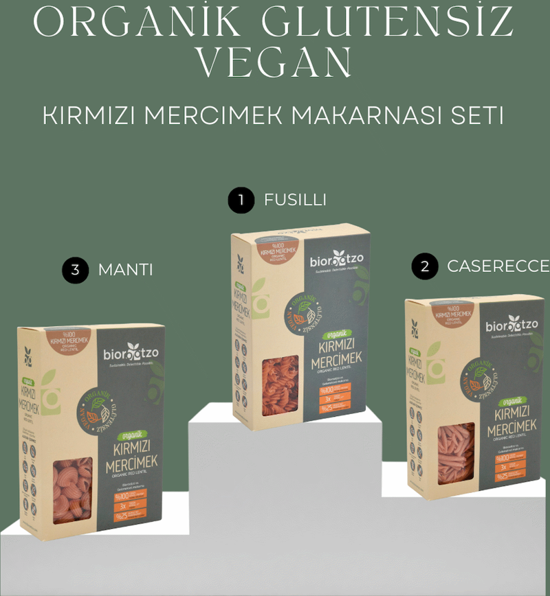 Organik Glütensiz Vegan Kırmızı Mercimek Makarna Seti 3 Paket x 200g