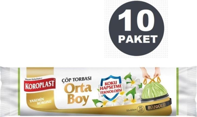 Koku Hapsetme Yasemin Büzgülü Orta Boy 15Li Çöp Torbası X 10 Paket (55*60 Cm)