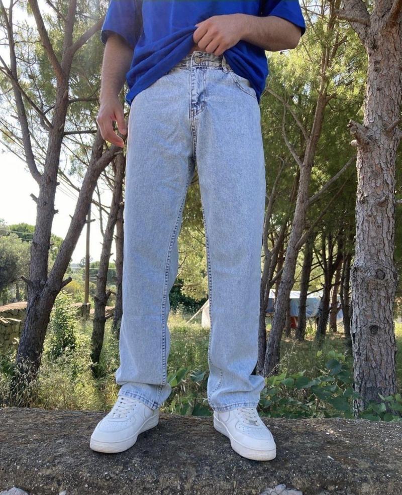 Yıkamalı Buz Mavi Baggy Pantolon
