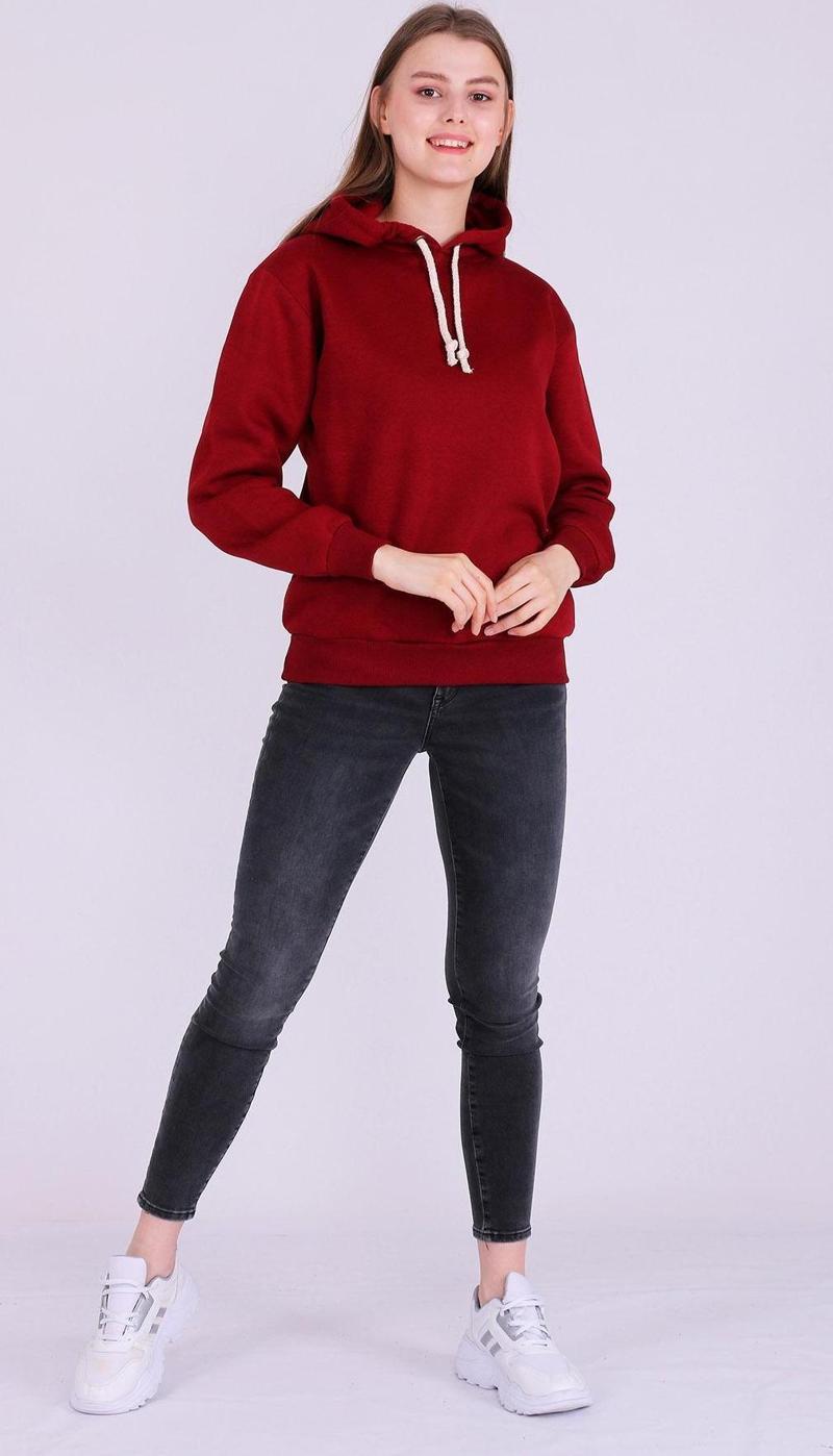 Bordo Basic Oversize Kadın Kapüşonlu Hoodie 3 iplik Sweatshirt