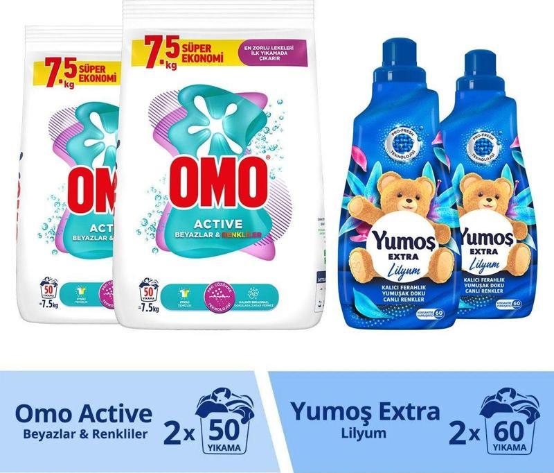 Toz Deterjan 7.5 Kg X 2 Yumoş Lilyum Konsantre Çamaşır Yumuşatıcı 1440 Ml 60 Yıkama X 2