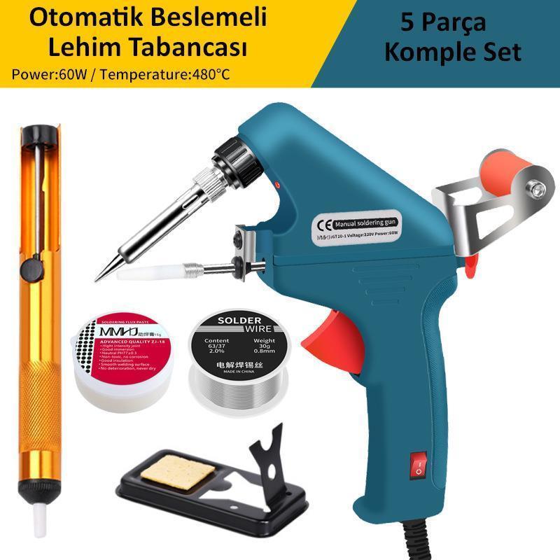 5 Parça Tetikli Otomatik Beslemeli Havya Lehim Tabancası Seti - 60W 480°C Yeni Nesil Seramik Isınma - Tek El Ku