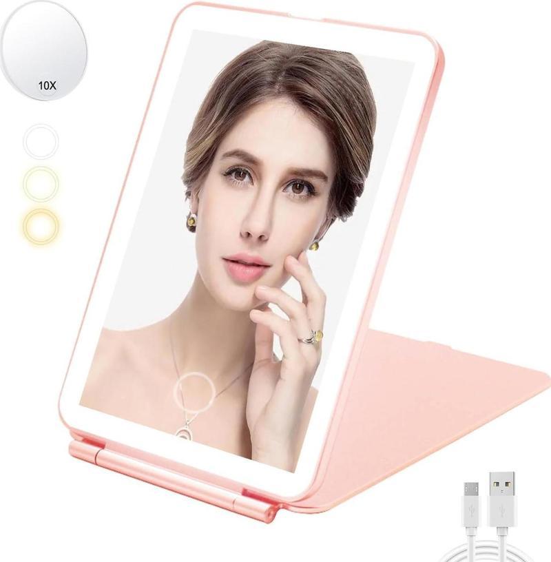 Katlanabilir LED Işıklı Makyaj Aynası - 3 Farklı Renk Tonu 1X 10X Yakınlaştırma Dokunmatik Touch Ekran Işık Sev