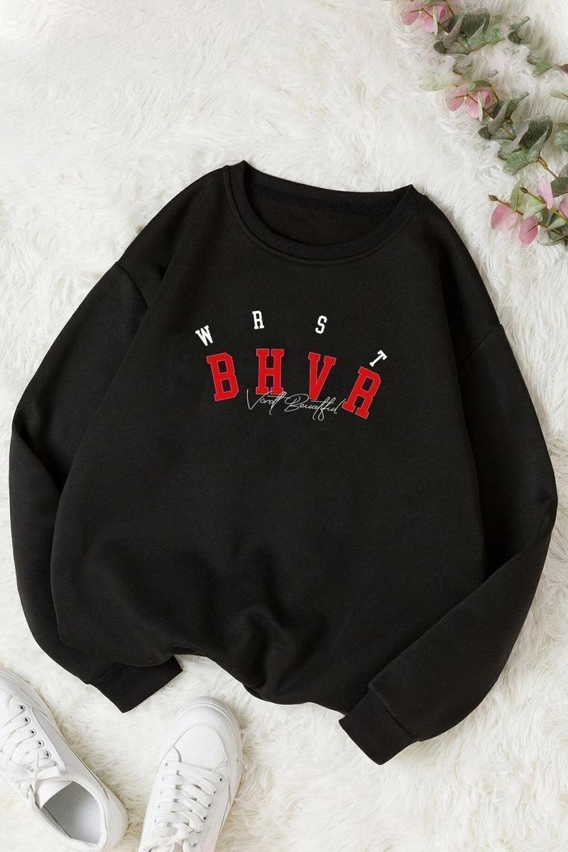 Unisex Bhvr Baskılı Bisiklet Yaka Sweatshirt