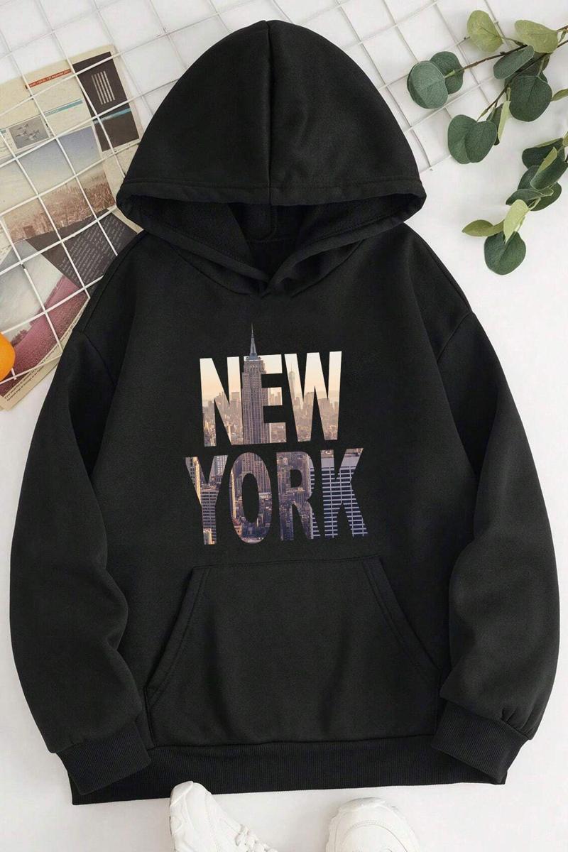 New York Baskılı Oversize Sweatshirt