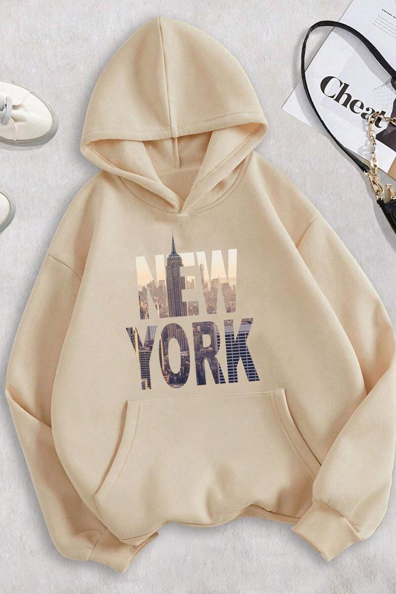 New York Baskılı Oversize Sweatshirt