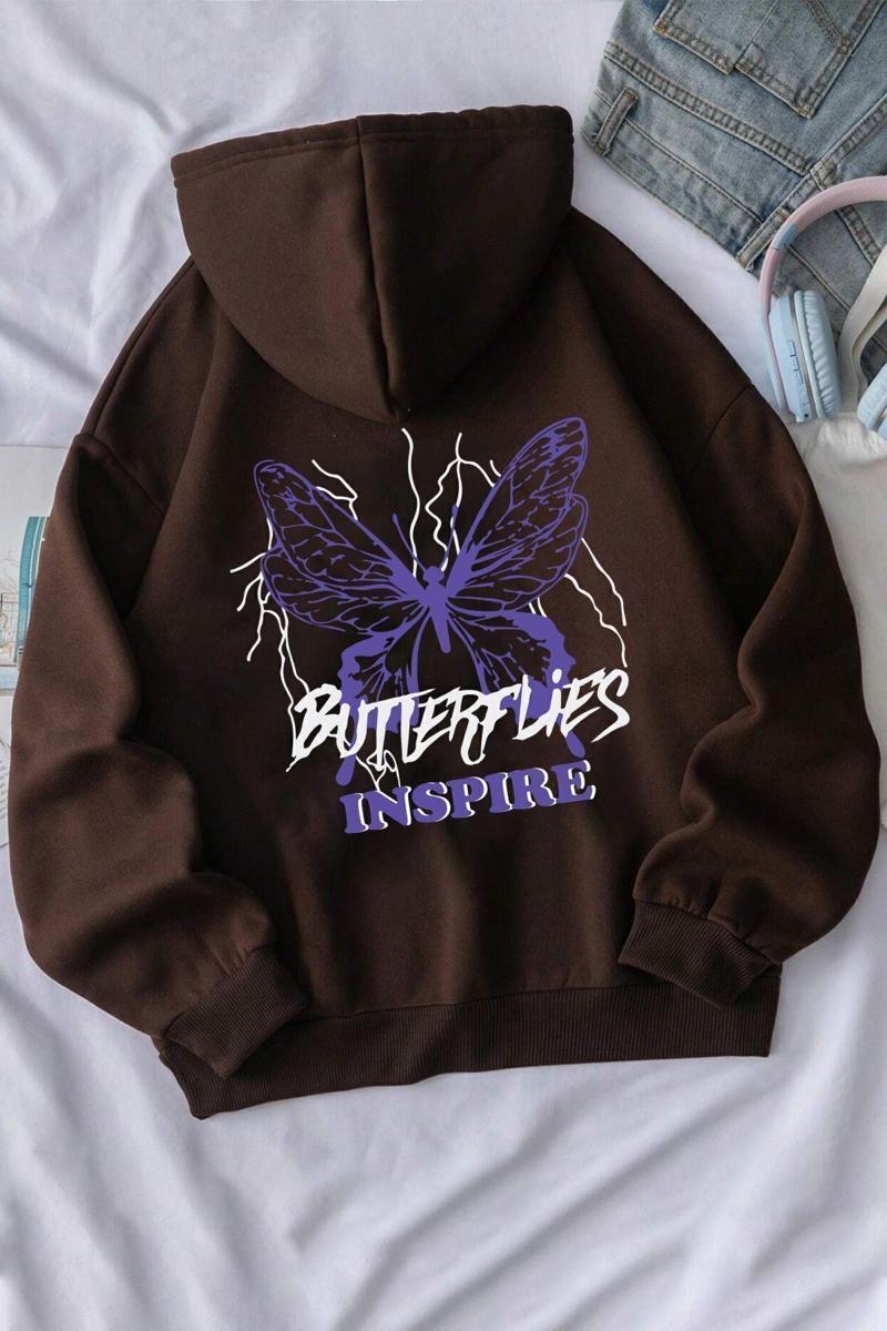 Unisex Butterfly & Letter Graphic Baskılı Sweatshirt