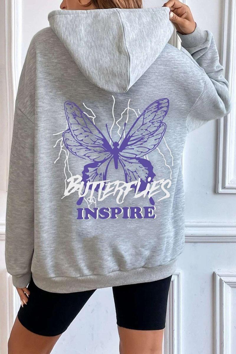 Unisex Butterfly & Letter Graphic Baskılı Sweatshirt