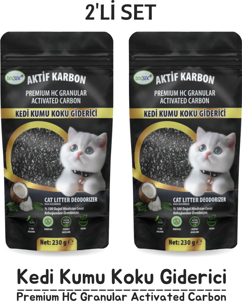 Kedi Kumu Koku Giderici 2'li Set Premium Hc Granular Activated Carbon 460 gr Hindistan Cevizi Kabuğu Bazlı Aktif Karbon