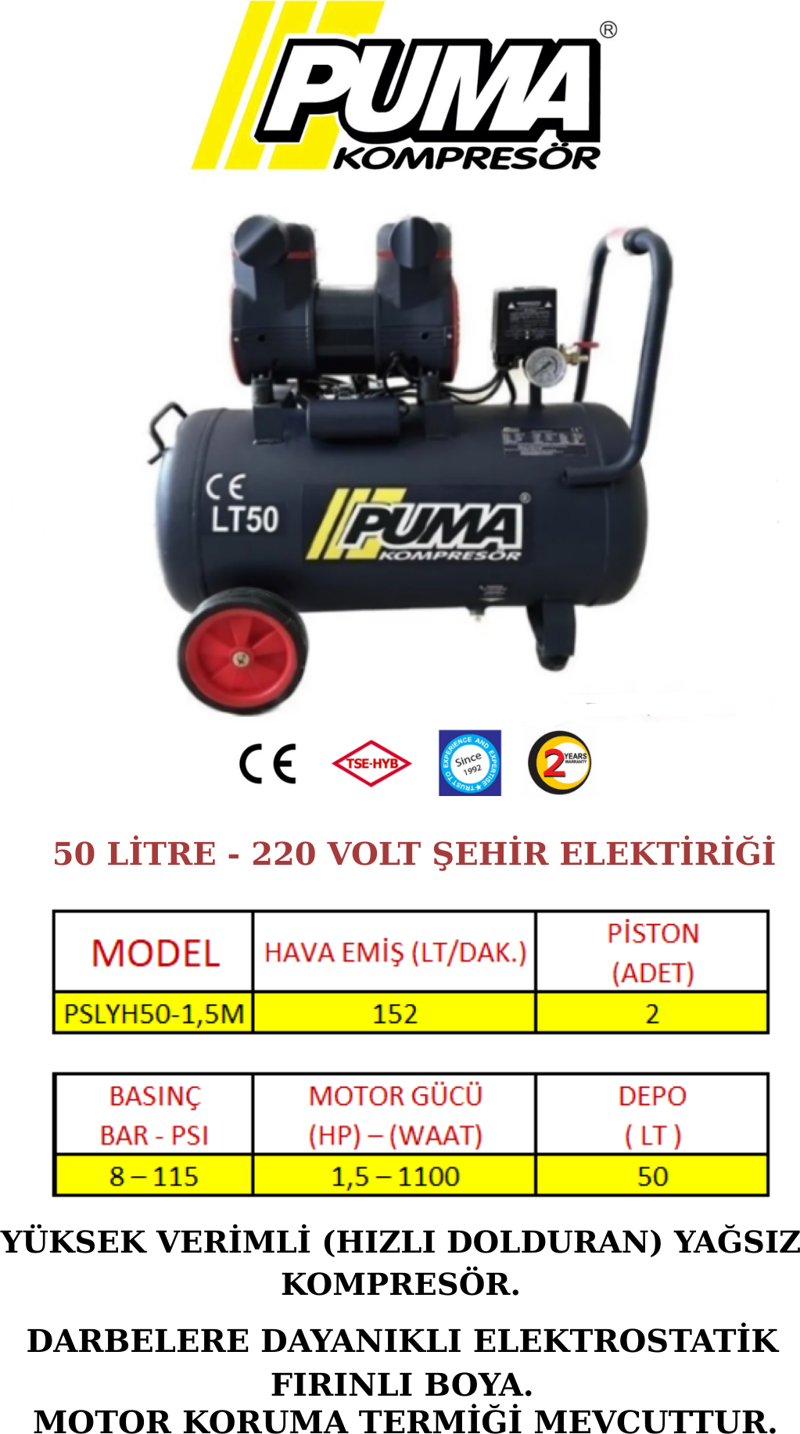 50 LİTRE YÜKSEK VERİMLİ HAVA KOMPRESÖRÜ (YAĞSIZ)