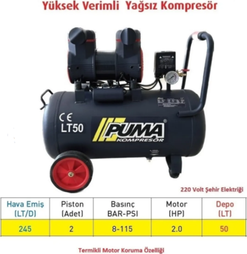 50 LT HAVA KOMPRESÖRÜ 2HP (YAĞSIZ-HIZLI DOLDURAN)