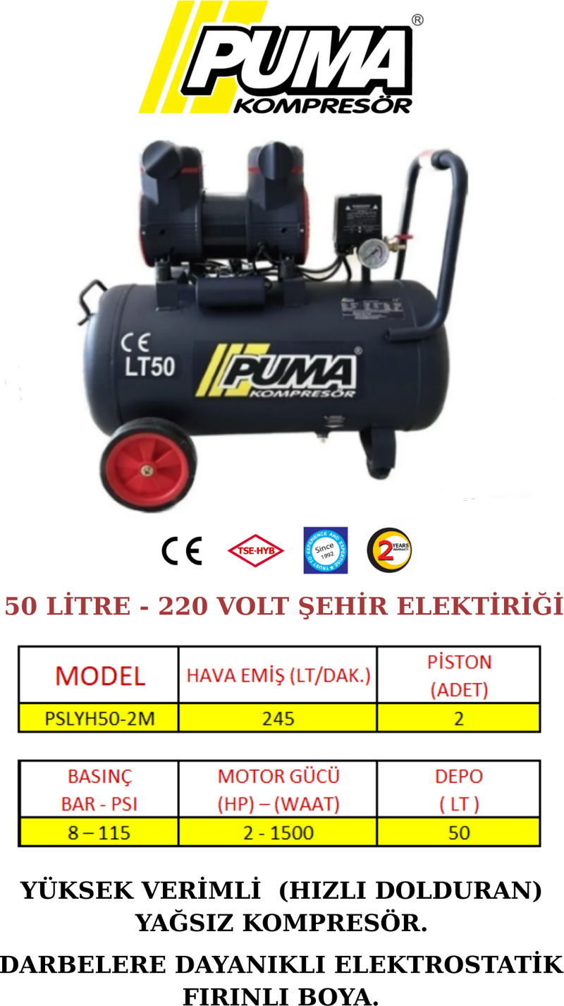 50 LT HAVA KOMPRESÖRÜ 2HP (YAĞSIZ-HIZLI DOLDURAN)