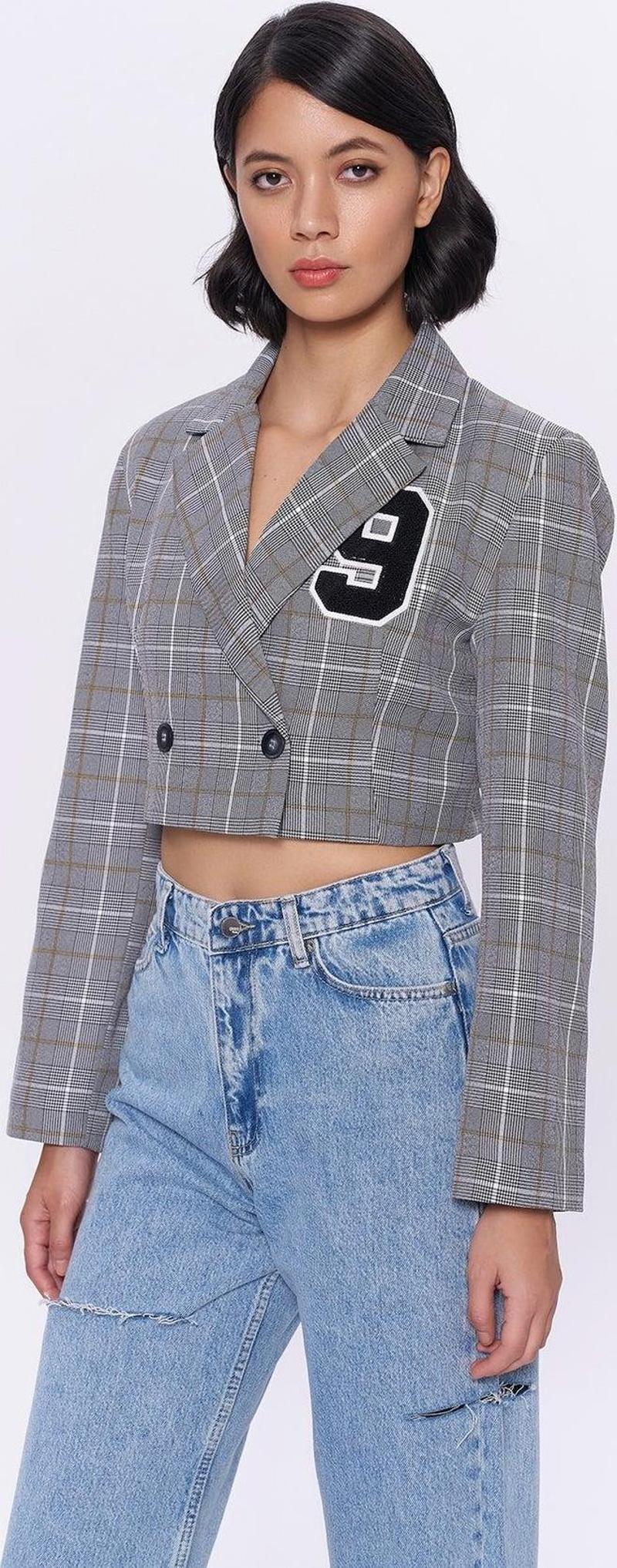 Kareli Çift Düğmeli Crop Blazer Ceket Gri