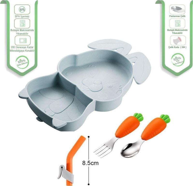 Vakumlu Silikon Mama Tabağı - Silikon Saplı Metal Uçlu Çatal Ve Kaşık ( Tavşan Figürlü )