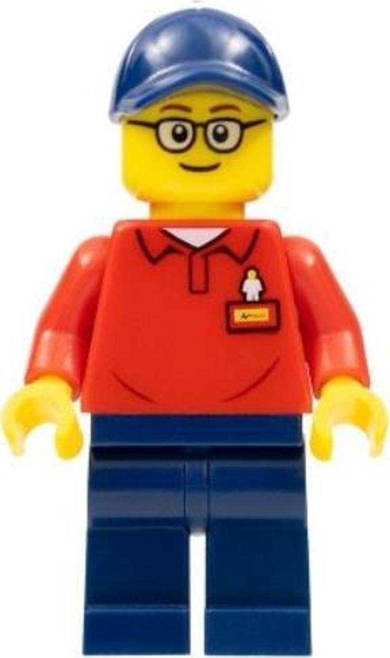 Minifigür - Legoland Park Worker Male With Glasses, Dark Blue Hat, Red Polo Shirt With 'Legoland' On Back And Dark