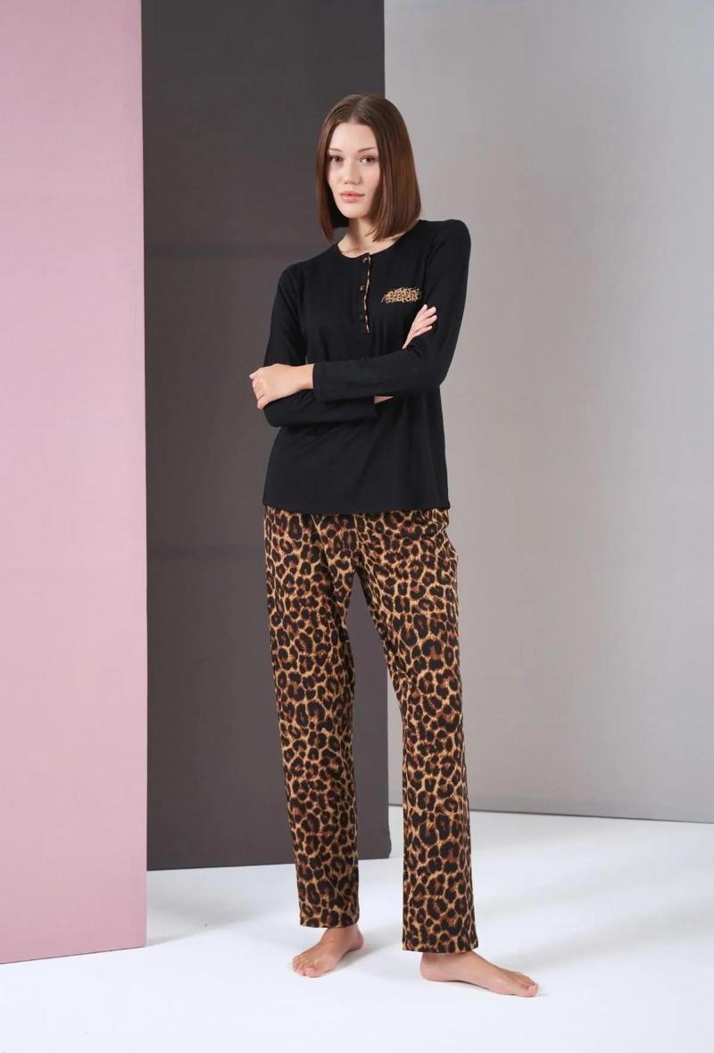 Pjs 26004 Kadın Uzun Kol Leopar Desenli Pijama Takım